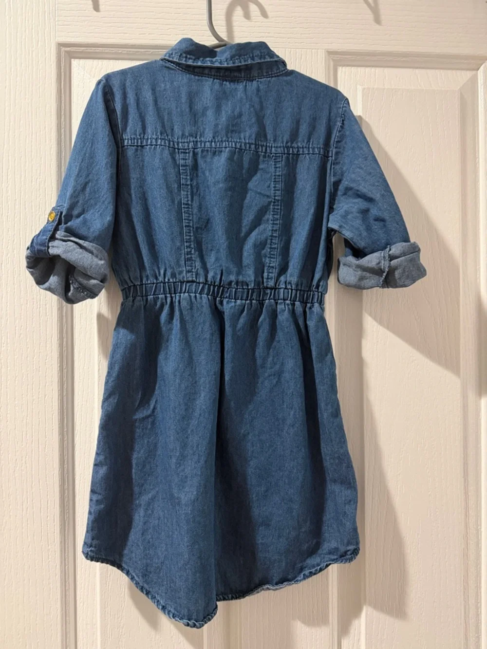 Girls Denim Dress with Drawstring Waist - Dark Blue with gold buttons